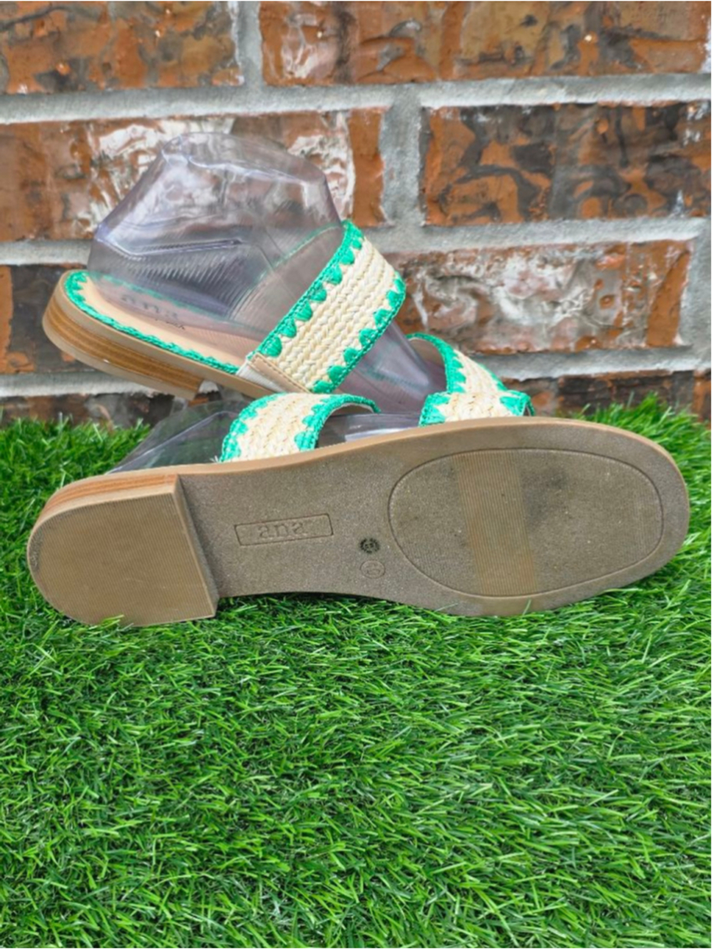 ANA Beige & Green Woven Slide Sandals Women’s Size 10 - Picture 5 of 7